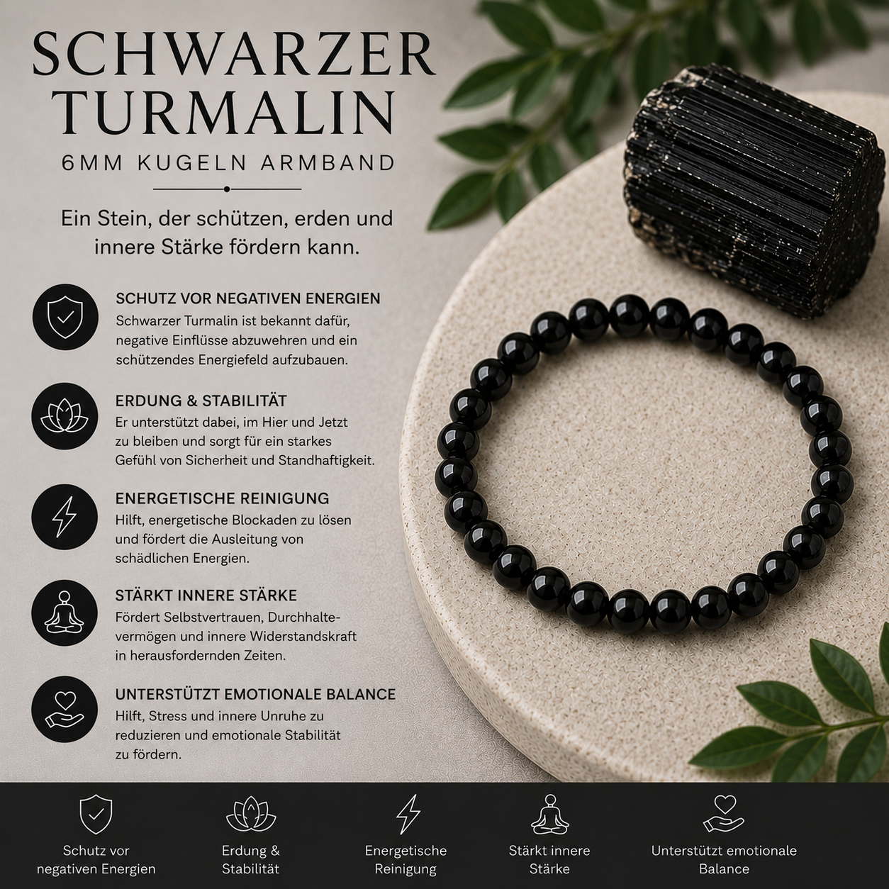 Schwarzer Turmalin Armband 6mm Kugeln