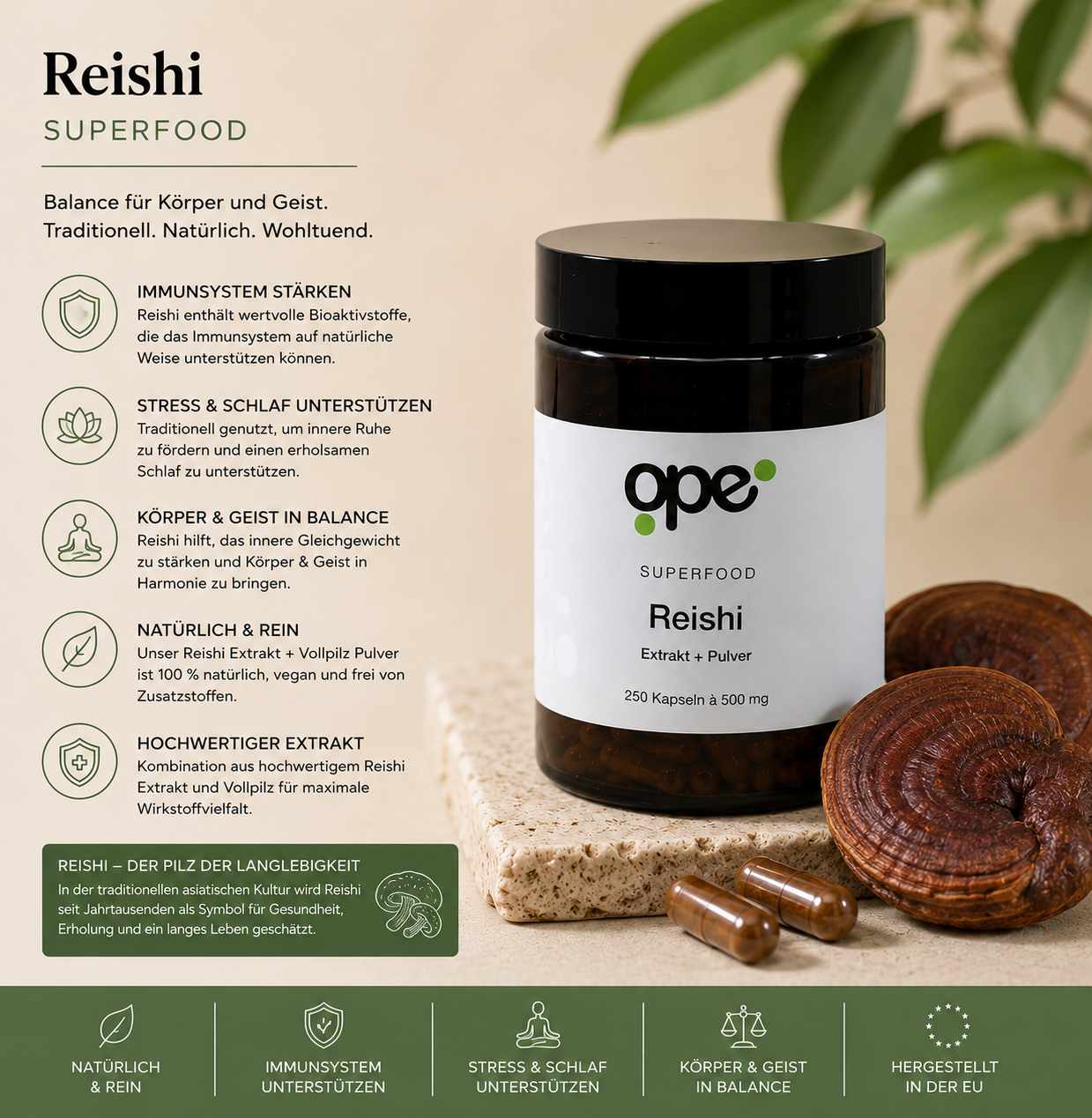 Reishi Extract + Pulver Kapseln - Vorratsdose (250 Stk)