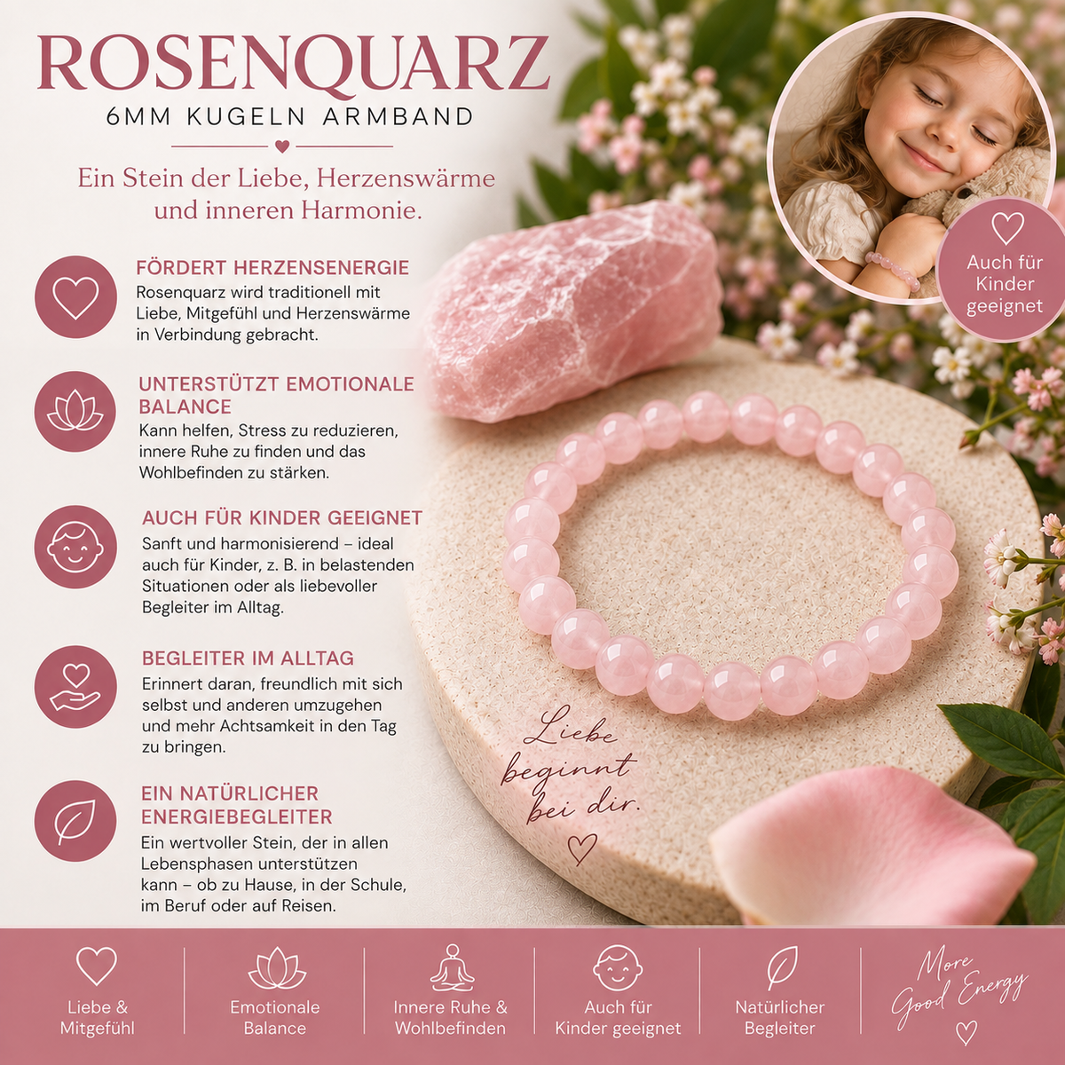 Rosenquarz Armband 6mm Kugeln