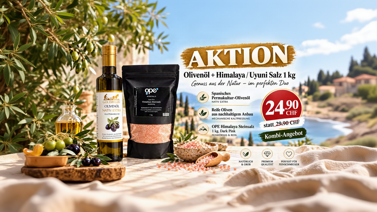 Kombi - Olivenöl Extra Nativ 0,5L & Himalaya/ Uyunisalz 1Kg