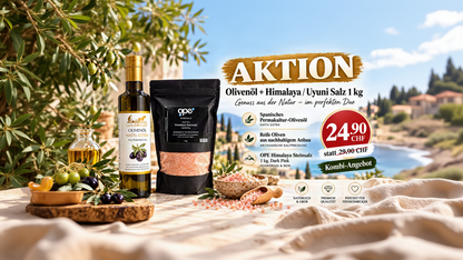 Kombi - Olivenöl Extra Nativ 0,5L & Himalaya/ Uyunisalz 1Kg